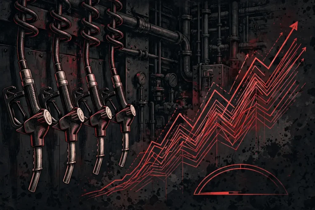 Editorial illustration of fuel pumps and rising price charts amid the Ukraine drone strikes Russian refineries diesel crisis