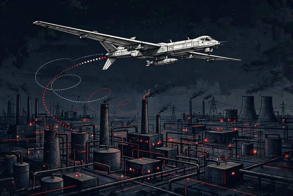 Editorial illustration of a long-range drone over an industrial landscape in the Ukraine refinery strike campaign