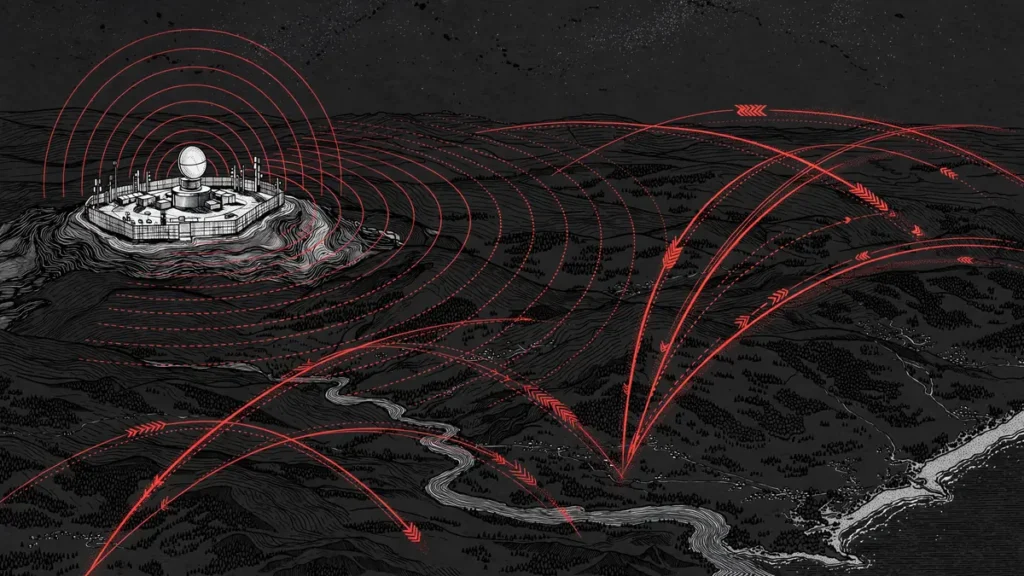 Symbolic air defence radar and interceptor trails at night