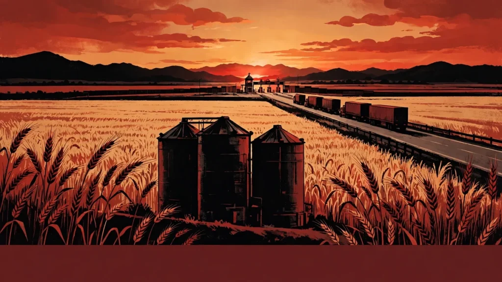 Wheat field and grain silos with freight trucks heading toward a border crossing at sunrise