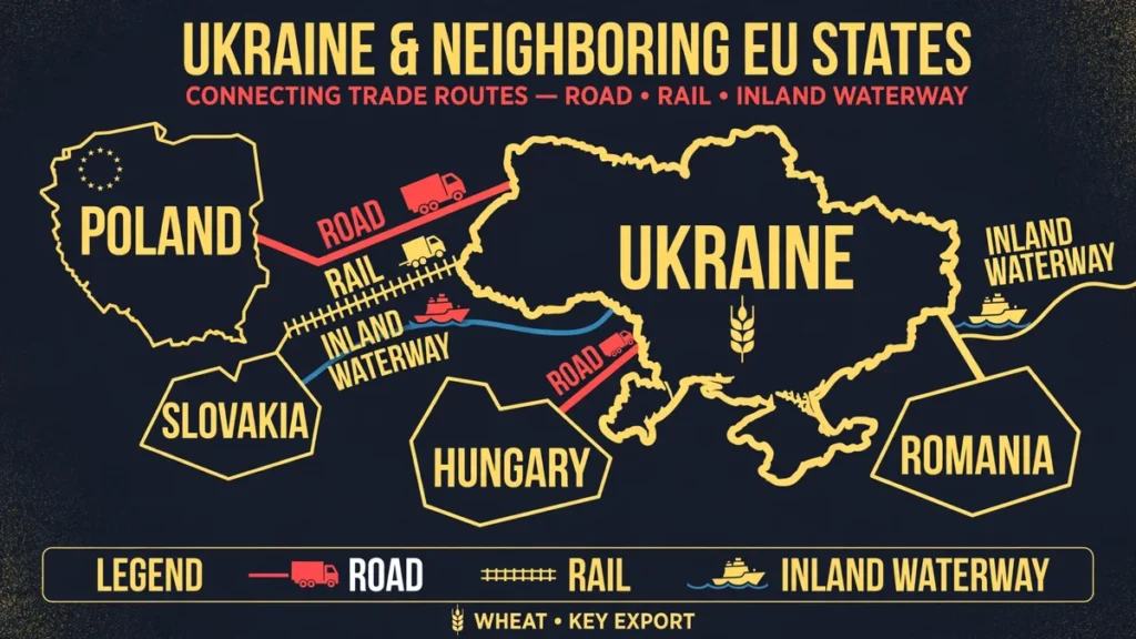 Schematic map of the EU Solidarity Lanes routes moving Ukrainian grain through Poland, Slovakia, Romania and Hungary