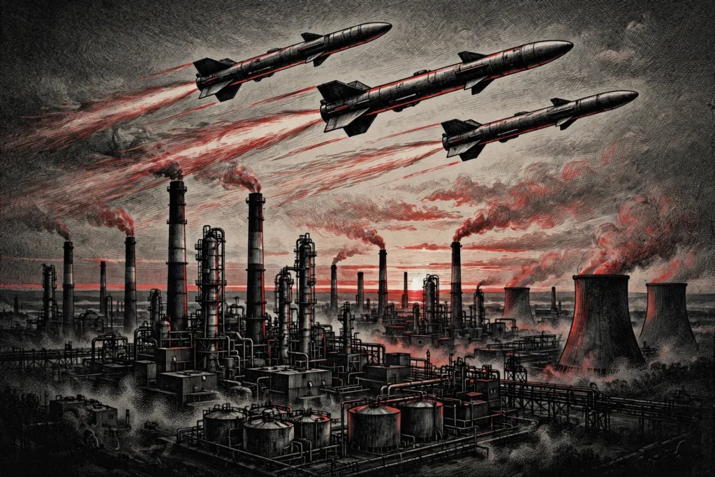 Editorial illustration of cruise missiles over an industrial fuel plant at dawn, Ukraine strikes Russian missile plants 2026