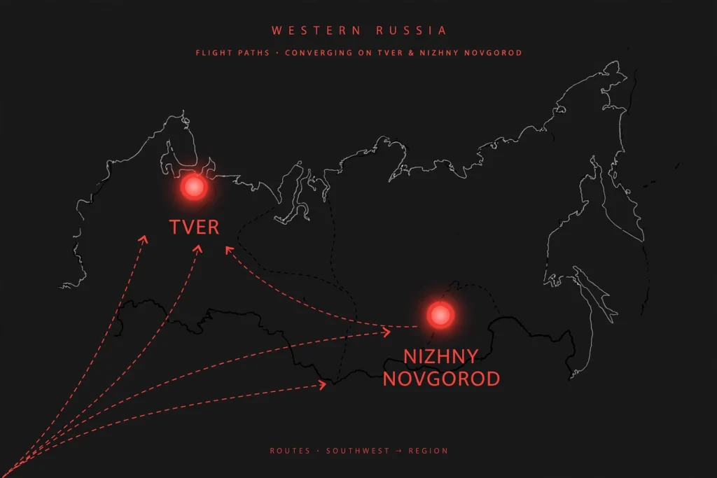 Illustrated map showing the Ukrainian strike locations in the Tver and Nizhny Novgorod regions of western Russia, Ukraine strikes Russian missile plants 2026