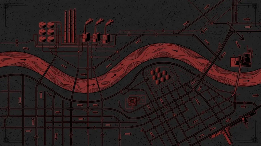 Ukraine Strikes Novokuibyshevsk Refinery, Ending Two-Week Pause 1 Stylised map-like illustration of an industrial river region with a refinery complex and pipelines, for the Novokuibyshevsk refinery strike explained
