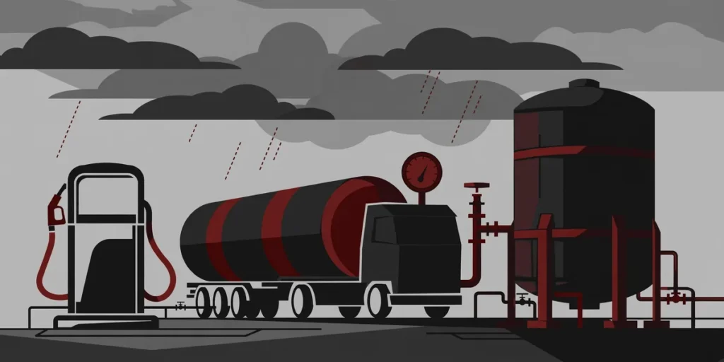 Ukraine Strikes Novokuibyshevsk Refinery, Ending Two-Week Pause 2 Editorial illustration of a fuel station pump and tanker truck beside an oil storage tank, symbolising diesel supply pressure after the Novokuibyshevsk refinery strike