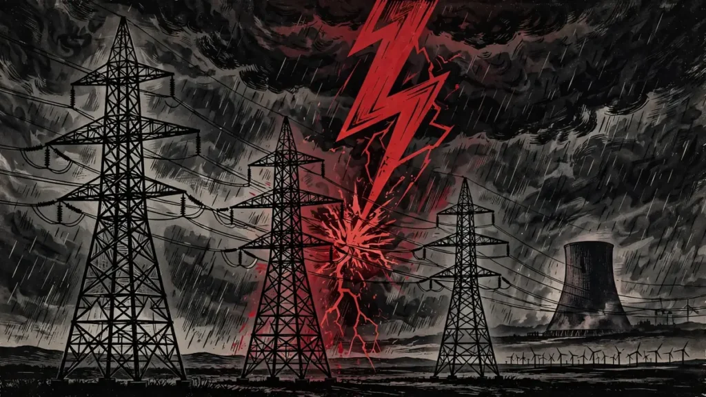 Editorial illustration of Ukraine's power grid and nuclear facilities, symbolizing Russia's reported aim to sever plants from the energy grid
