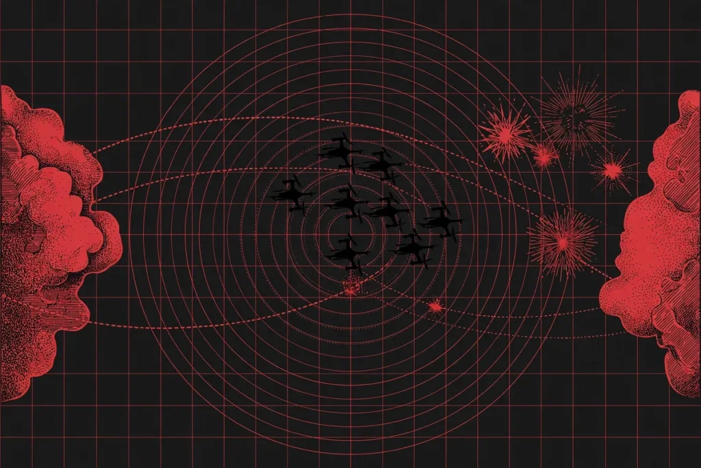 AI-generated editorial illustration of drone formations over a radar map in the October 2026 Ukraine-Russia air war