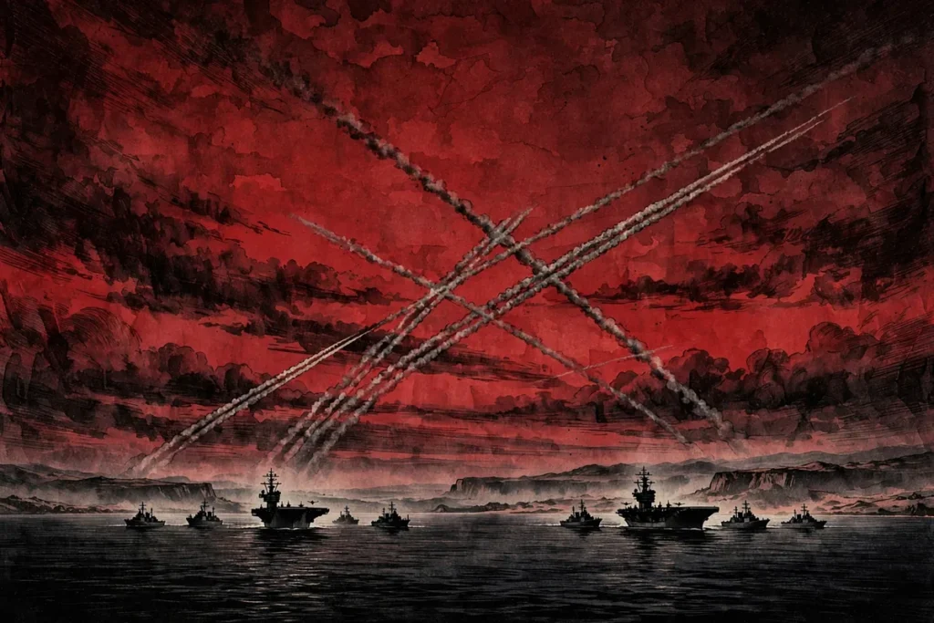 Editorial illustration of two US aircraft carrier strike groups sailing near a Middle Eastern coastline at dusk