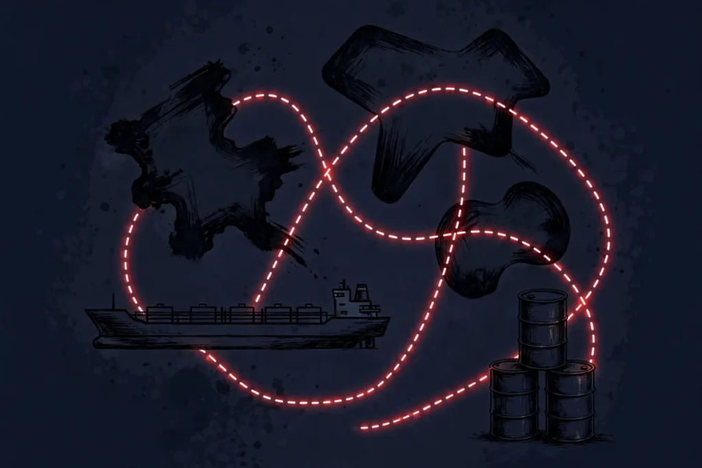 Editorial illustration: stylized symbolic map of global diesel shipping routes with tanker ship and oil barrels