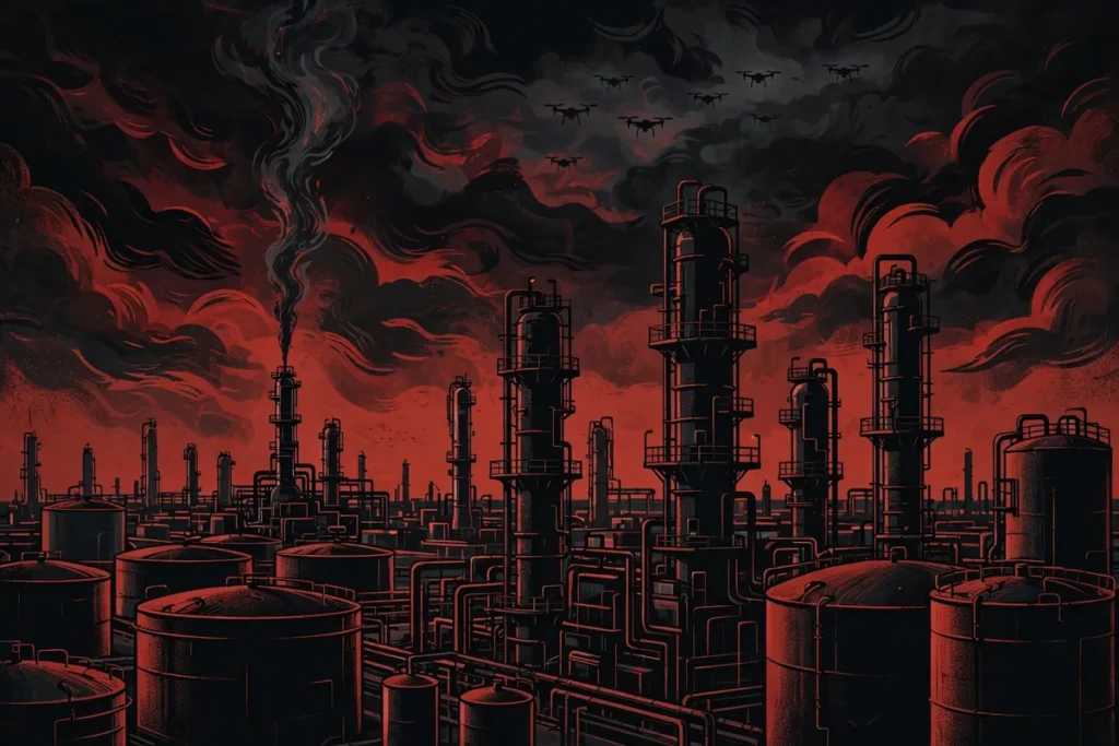 Editorial illustration: oil refinery at night with drone silhouettes in the sky
