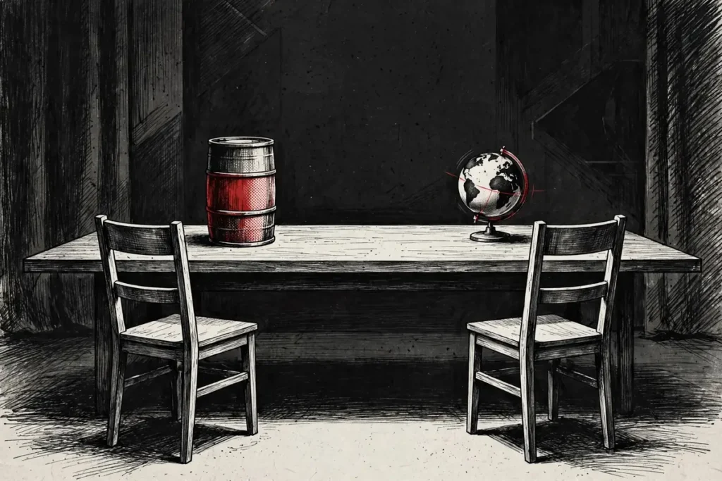 Symbolic illustration of US-Iran negotiations over the Strait of Hormuz reopening, October 2026
