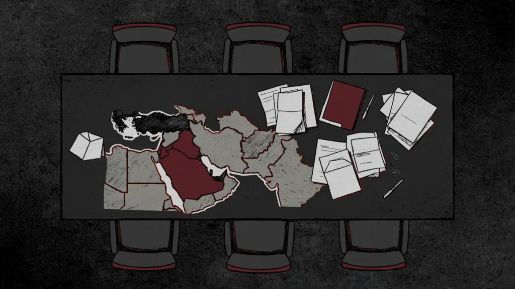 Diplomatic negotiation table with a regional map