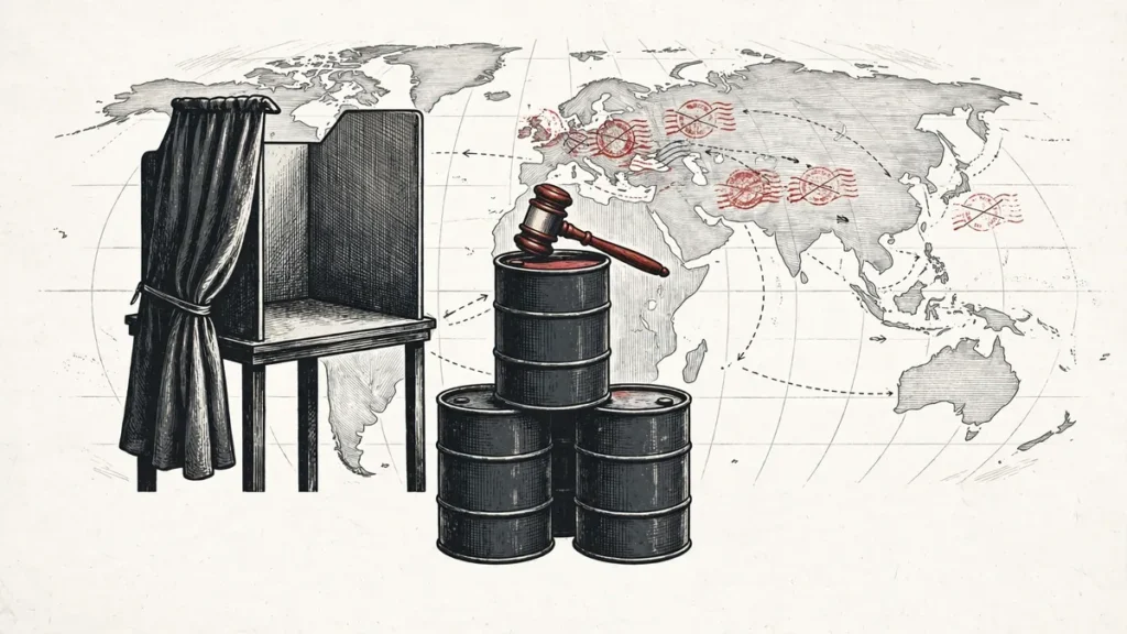 US midterm elections 2026: voting booth, gavel and sanctioned oil barrels — an editorial illustration on how the election shapes Russia sanctions