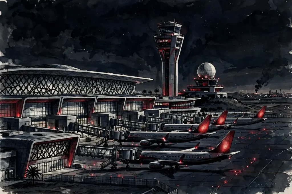 King Fahd International Airport at night with control tower and distant smoke plume, editorial illustration of the Dammam attack