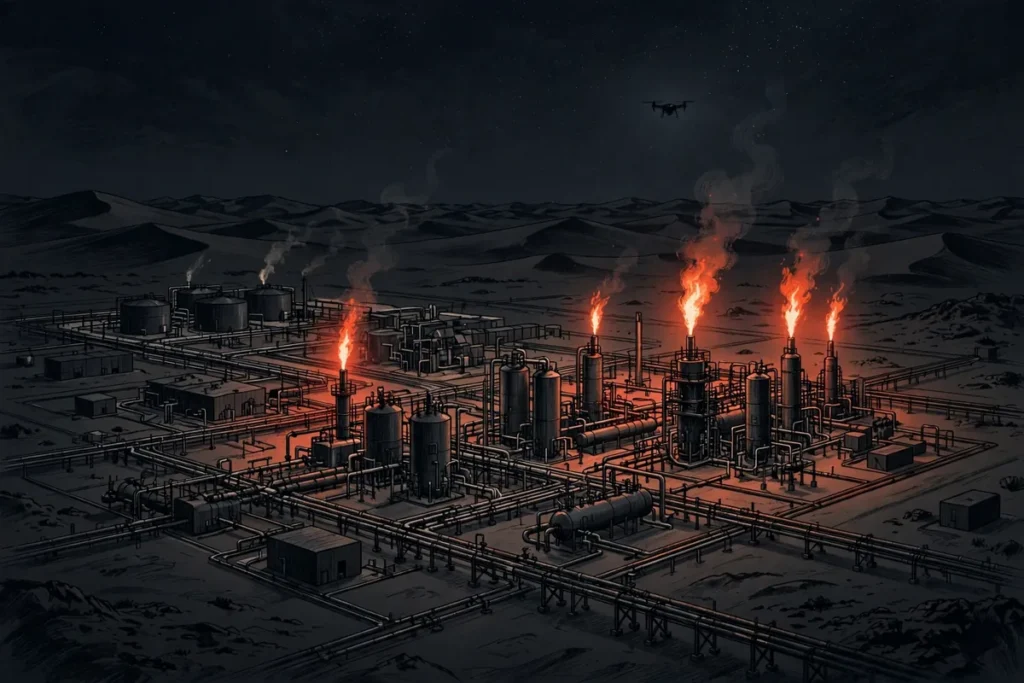 Aramco Shaybah oil processing facility in the desert at night, editorial illustration of the drone attack on the oilfield