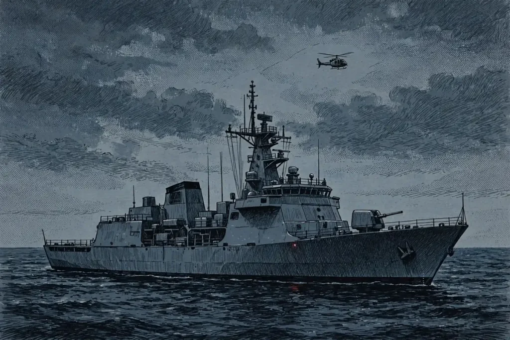 US military patrol vessel at dusk in the Caribbean — US boat strike campaign