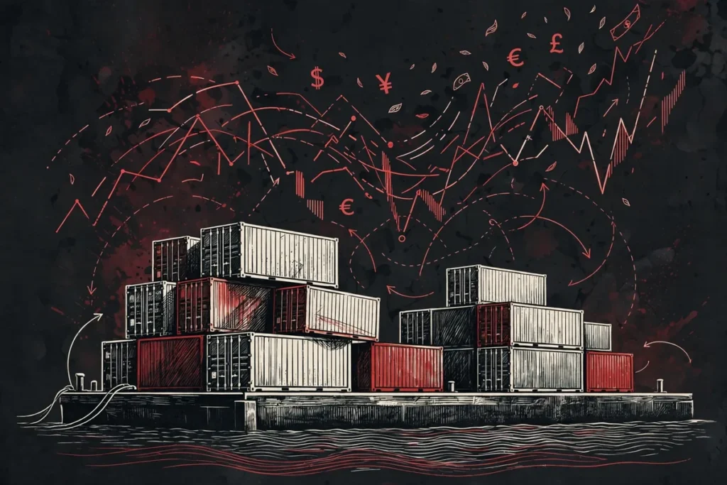 Editorial illustration of disrupted global trade networks amid US sanctions on Iran