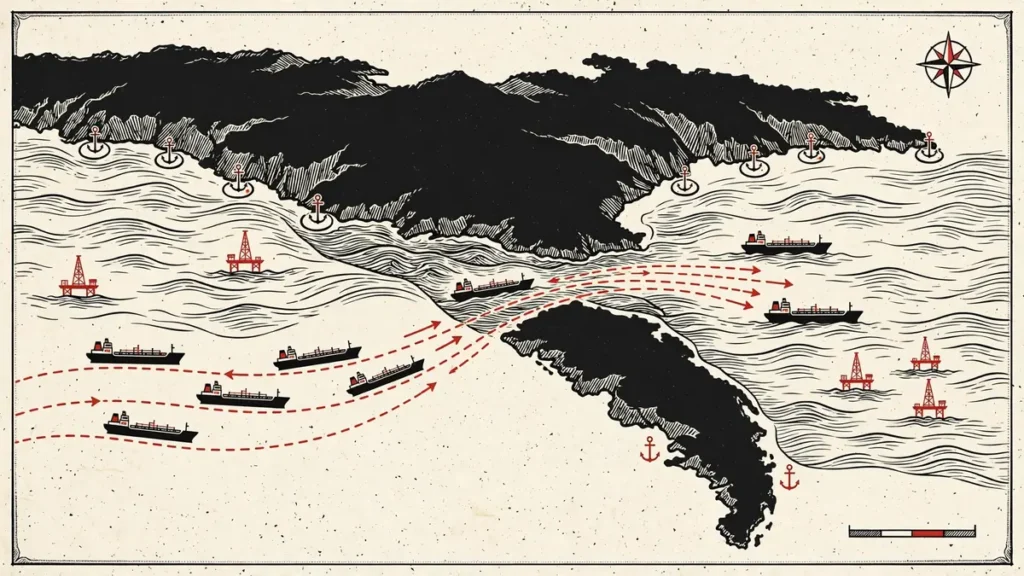 US Warns Gulf States: Short, Intense Iran Strikes After Midterms 2 Symbolic map of the Strait of Hormuz shipping lanes relevant to the US warning to Gulf states