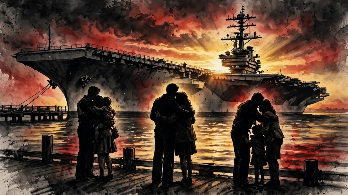 Illustration of sailors reuniting with families at a naval pier at sunset