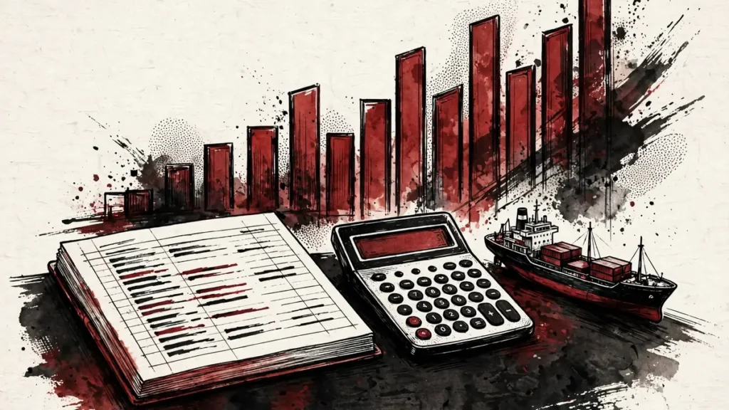 Insurance ledger and rising premium chart beside a miniature cargo ship, illustrating war risk insurance costs