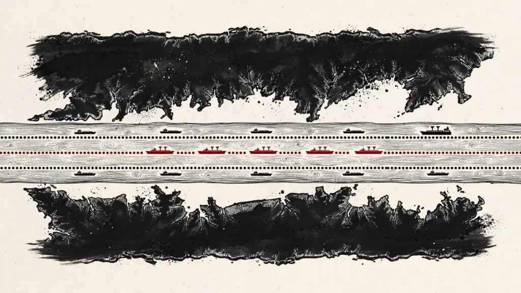 Stylised overhead view of a narrow strait with shipping lanes and tanker silhouettes, one lane highlighted