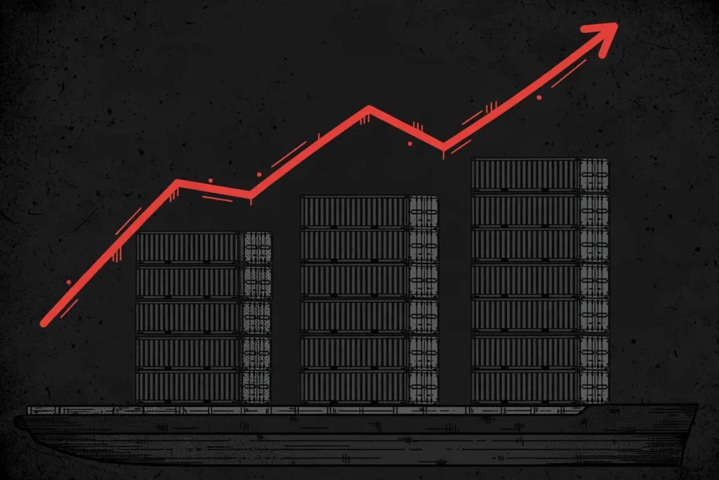 Shipping containers with a rising cost arrow symbolizing surging Black Sea war-risk insurance premiums