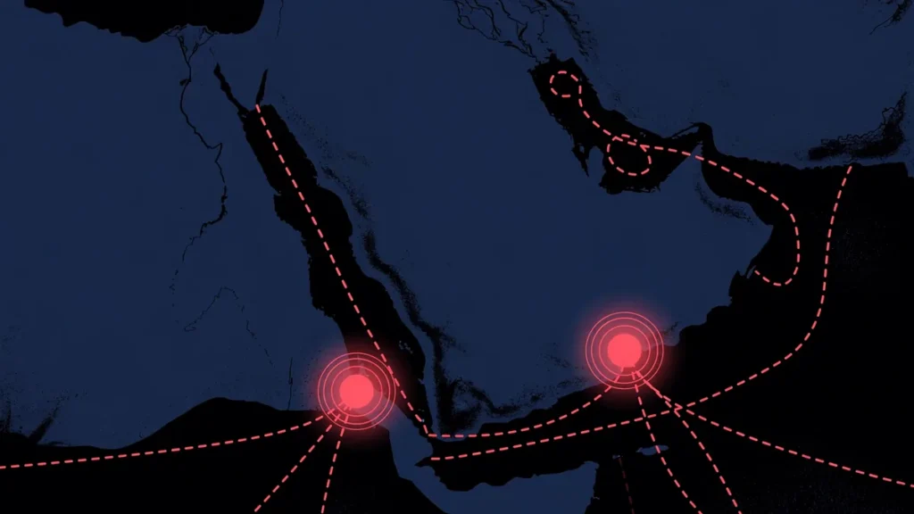 Editorial map of the Strait of Hormuz and Bab el-Mandeb risk zones for war risk insurance pricing
