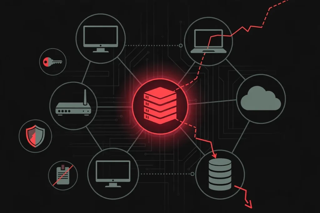 Network diagram of the Warlock ransomware attack chain spreading from a compromised central server to connected devices