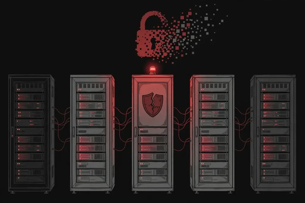 Compromised on-premises server racks with a cracked security shield, illustrating how Warlock ransomware breached SharePoint