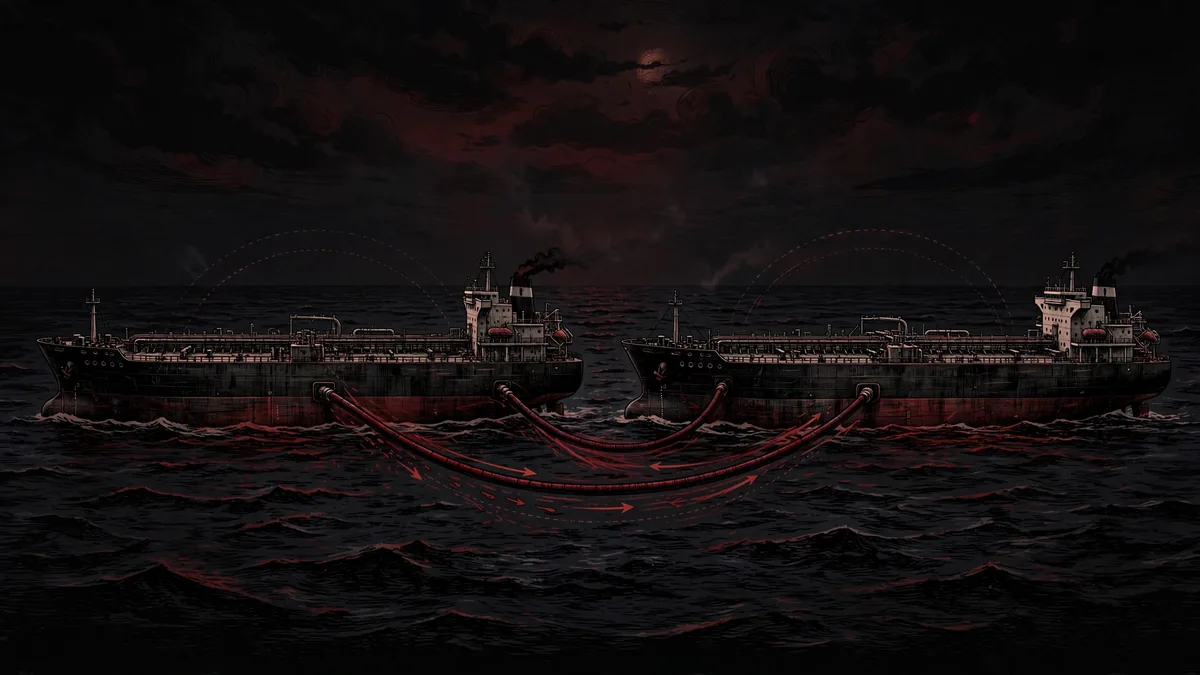 Two oil tankers conducting a secret ship-to-ship oil transfer at night in open ocean