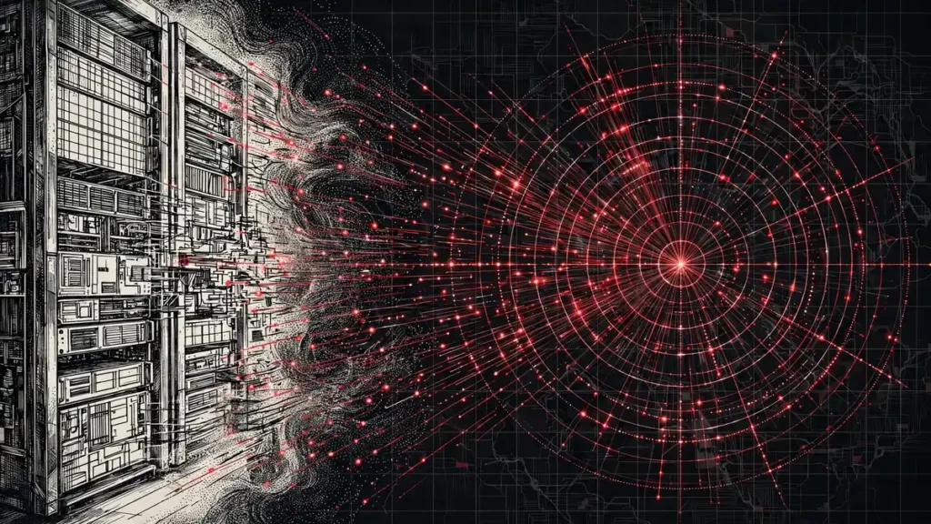 Editorial illustration of server racks dissolving into a radar grid of scanning lines over a dark network map