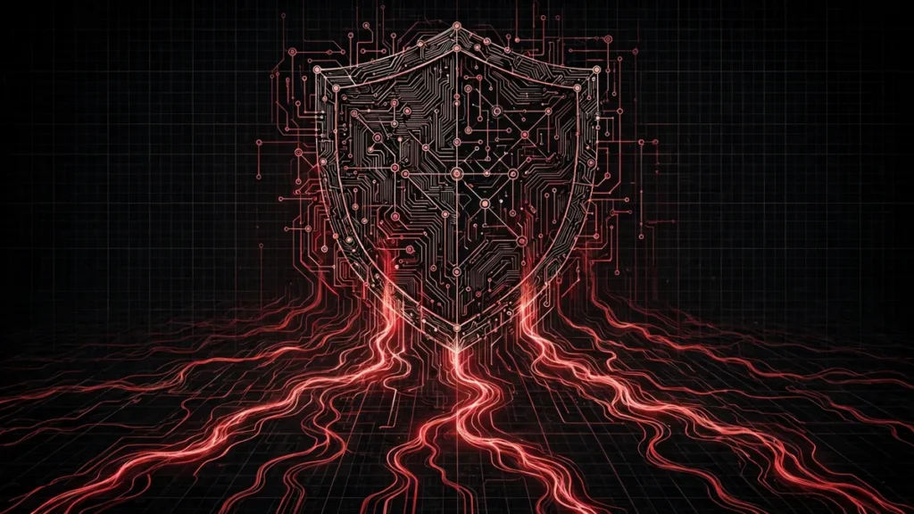 Editorial illustration of an abstract digital shield made of circuit nodes guarding flowing data streams