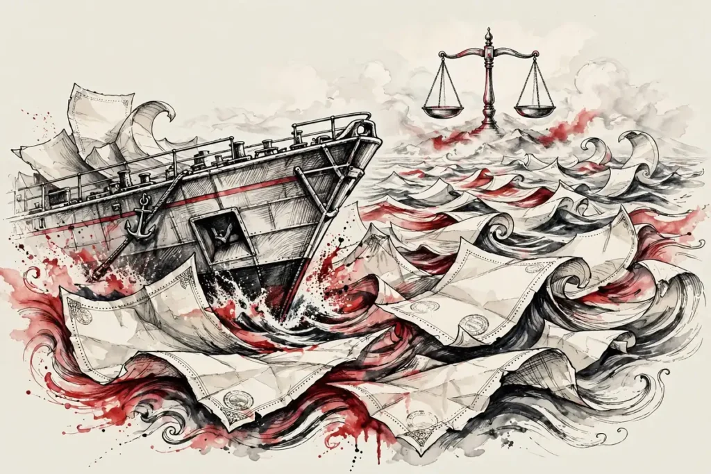 What is lawfare: coast guard vessel cutting through pages of legal documents in the Taiwan Strait