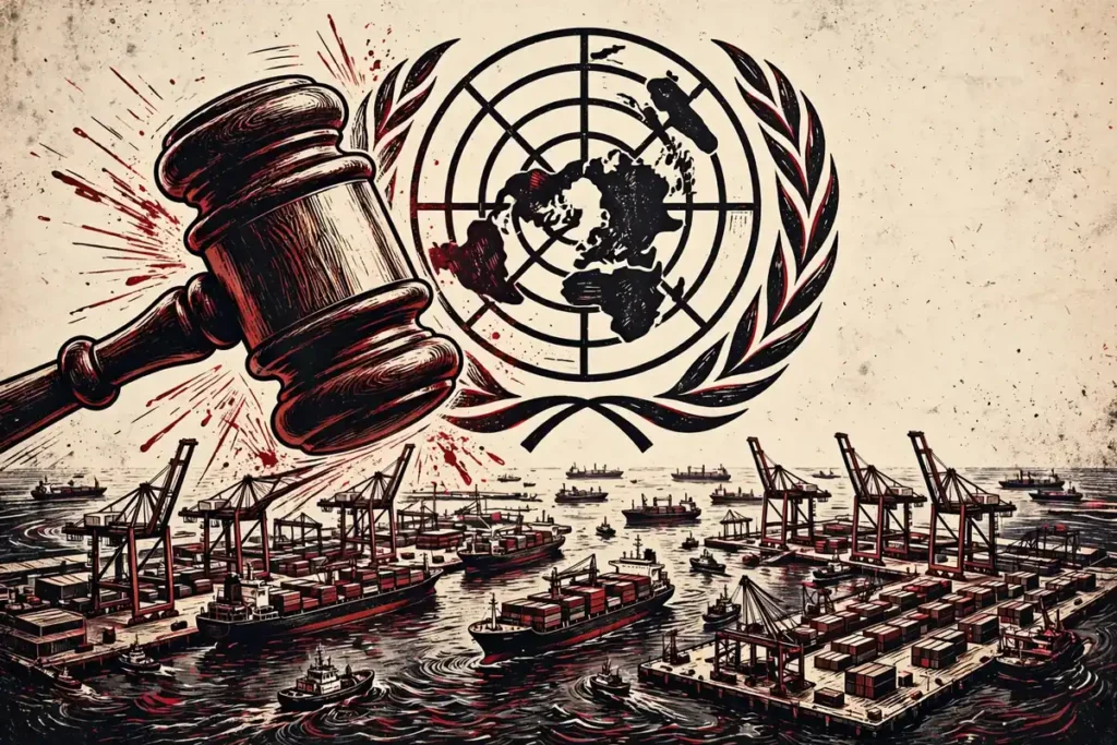 What is lawfare: gavel and UN-style globe over a harbour in the Taiwan Strait