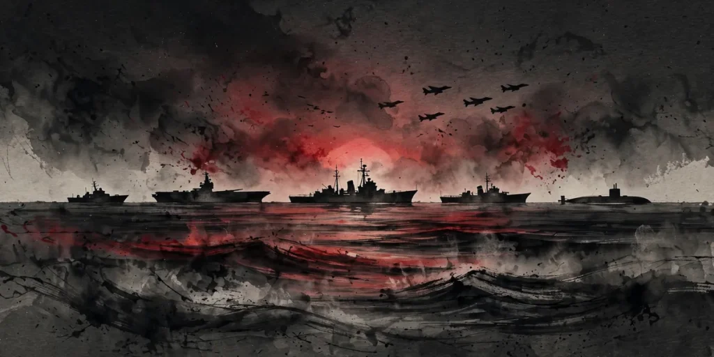 Generic naval vessels and aircraft silhouettes over a dark sea, illustrating the Operation Epic Fury campaign