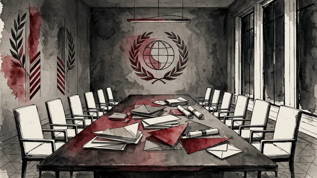 Empty diplomatic negotiation room, illustrating ceasefire talks after Operation Epic Fury