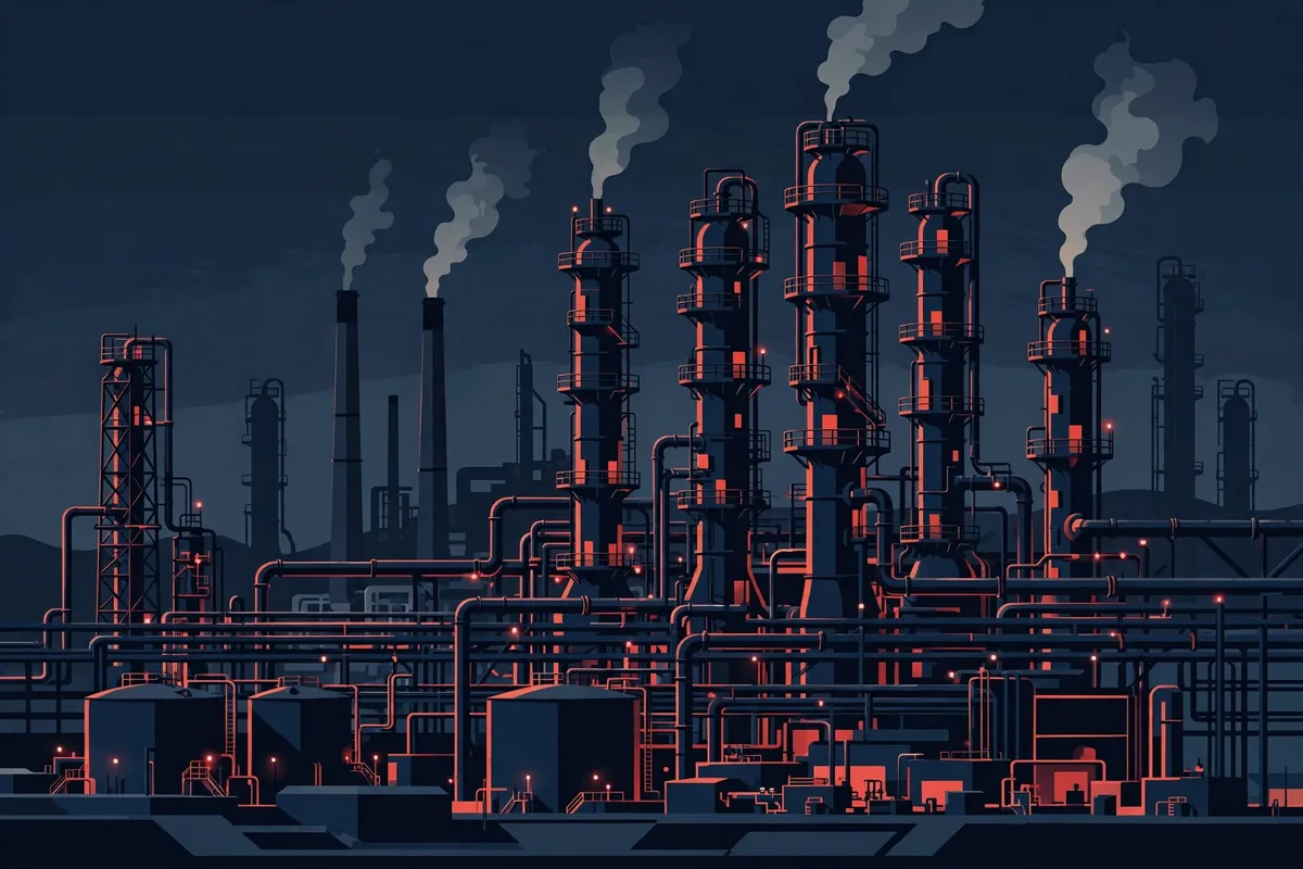Illustration of an oil refinery at dusk, showing why diesel prices rise during war when refining capacity is the bottleneck