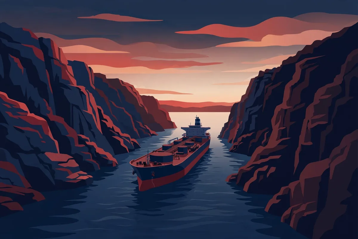 Illustration of an oil tanker passing through a narrow strait, showing how tanker attacks raise diesel prices during war
