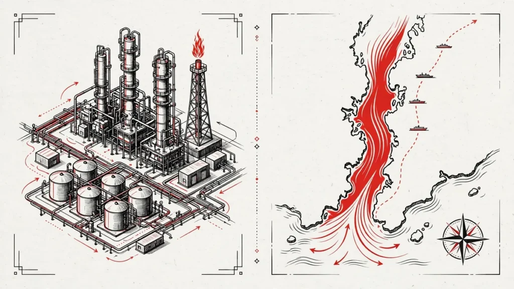 Oil refinery and storage tanks beside a shipping route, illustrating Gulf energy infrastructure at risk