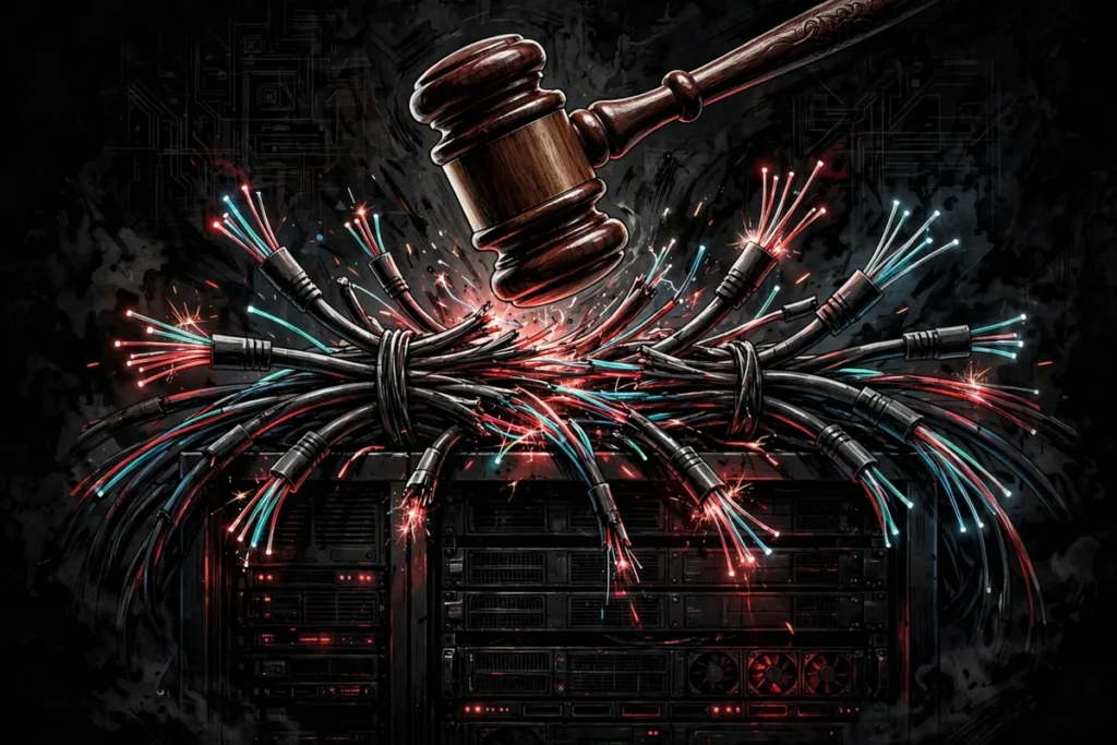 AI-generated illustration of a gavel striking severed network cables — the YAM Store, CoGUI and Iron Man domain seizures