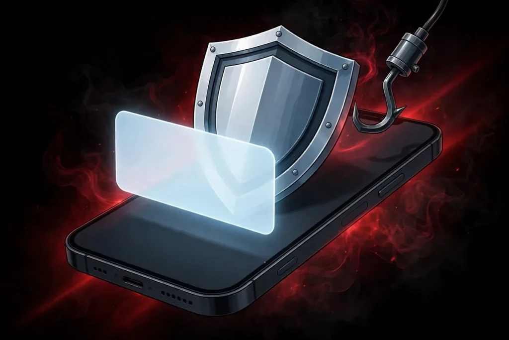 AI-generated illustration of a smartphone protected by a shield blocking a phishing hook