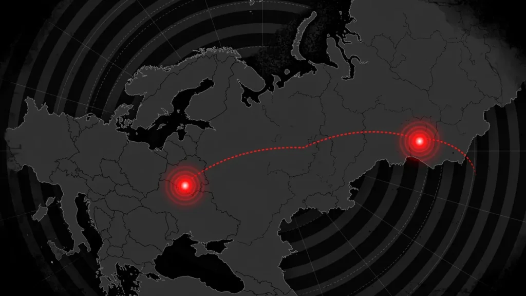 Map of Ukraine drone strike arc on Yandex data centres at Sasovo, Kaluga and Vladimir, Russia