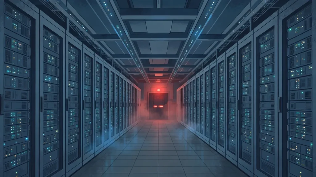 AI-generated illustration of a data centre server hall, representing the Yandex Sasovo data centre drone attack
