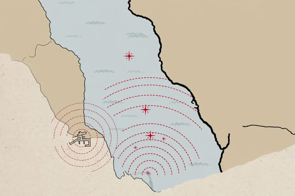 Editorial schematic map of the Red Sea region marking strike locations in the Yemen-Saudi escalation