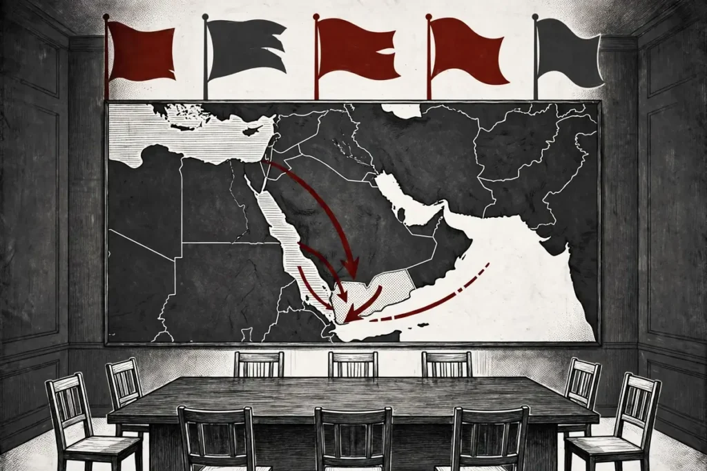Illustration of a strategy room with a Middle East map showing the Yemen offensive against Houthis and Red Sea arrows