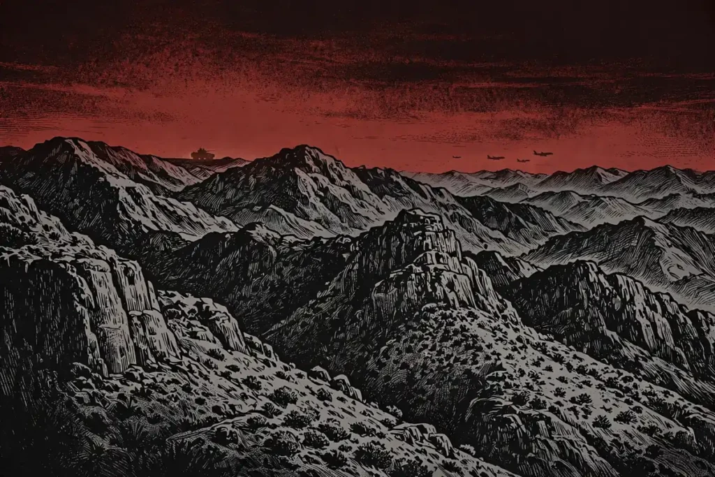 Illustration of a mountain frontline near Taiz, Yemen, at dusk amid the Yemen offensive against Houthis