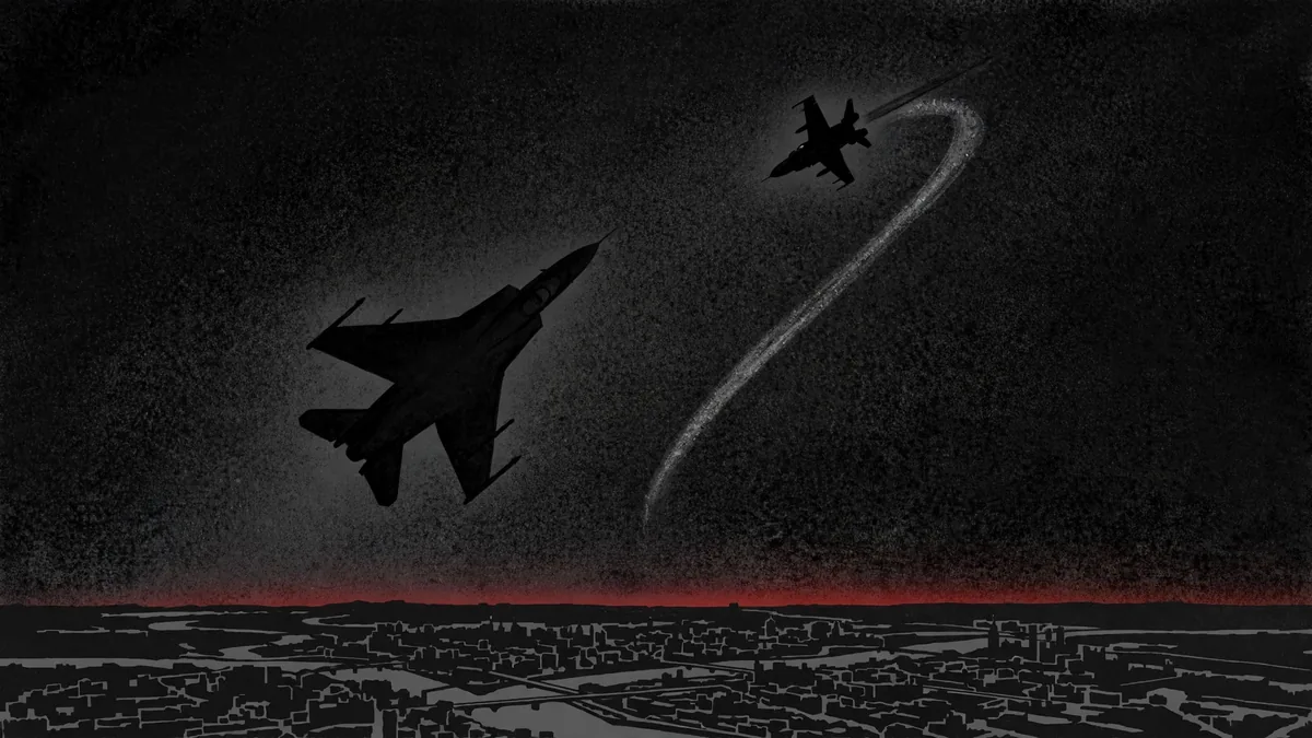 Editorial illustration: fighter jet intercepting a jet-powered drone at dusk - Zaporizhzhia strike October 2026 explained