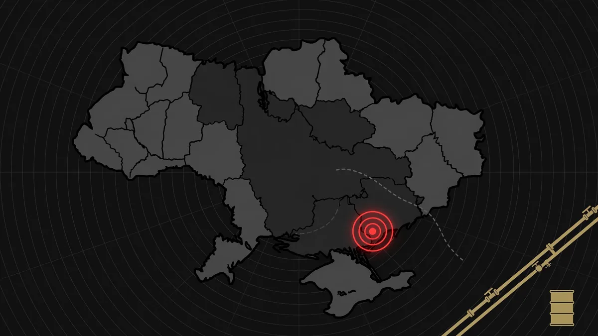 Editorial illustration: map showing Zaporizhzhia in southeastern Ukraine with a diesel pipeline motif - Zaporizhzhia strike October 2026 explained