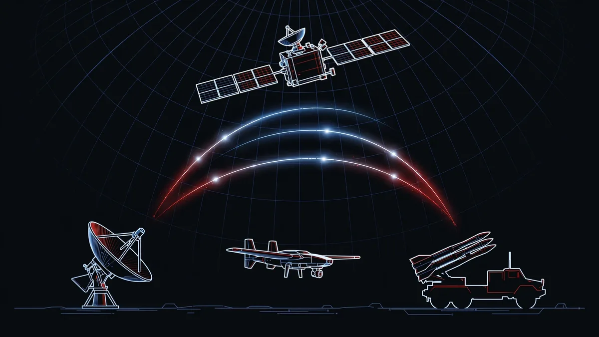 Schematic illustration of the Starlink-guided strike chain Ukraine wants: satellite, dish terminal, drone and mobile missile launcher linked by signal arcs