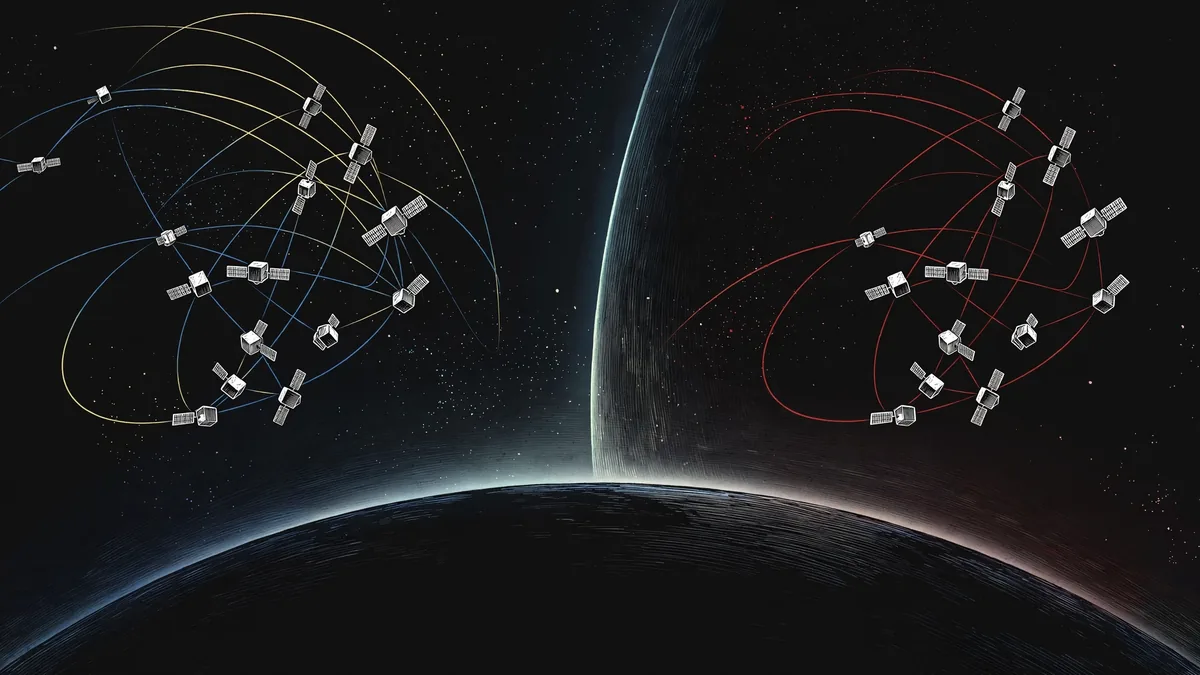 Illustration of two rival satellite constellations over a night Earth, representing Starlink and Russia's Rassvet network